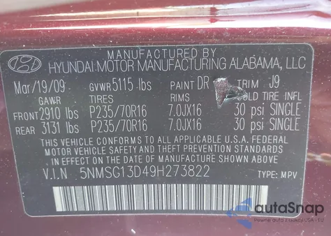 2009 Hyundai Santa Fe Gls from USA, damaged, VIN 5NMSG13D49H273822